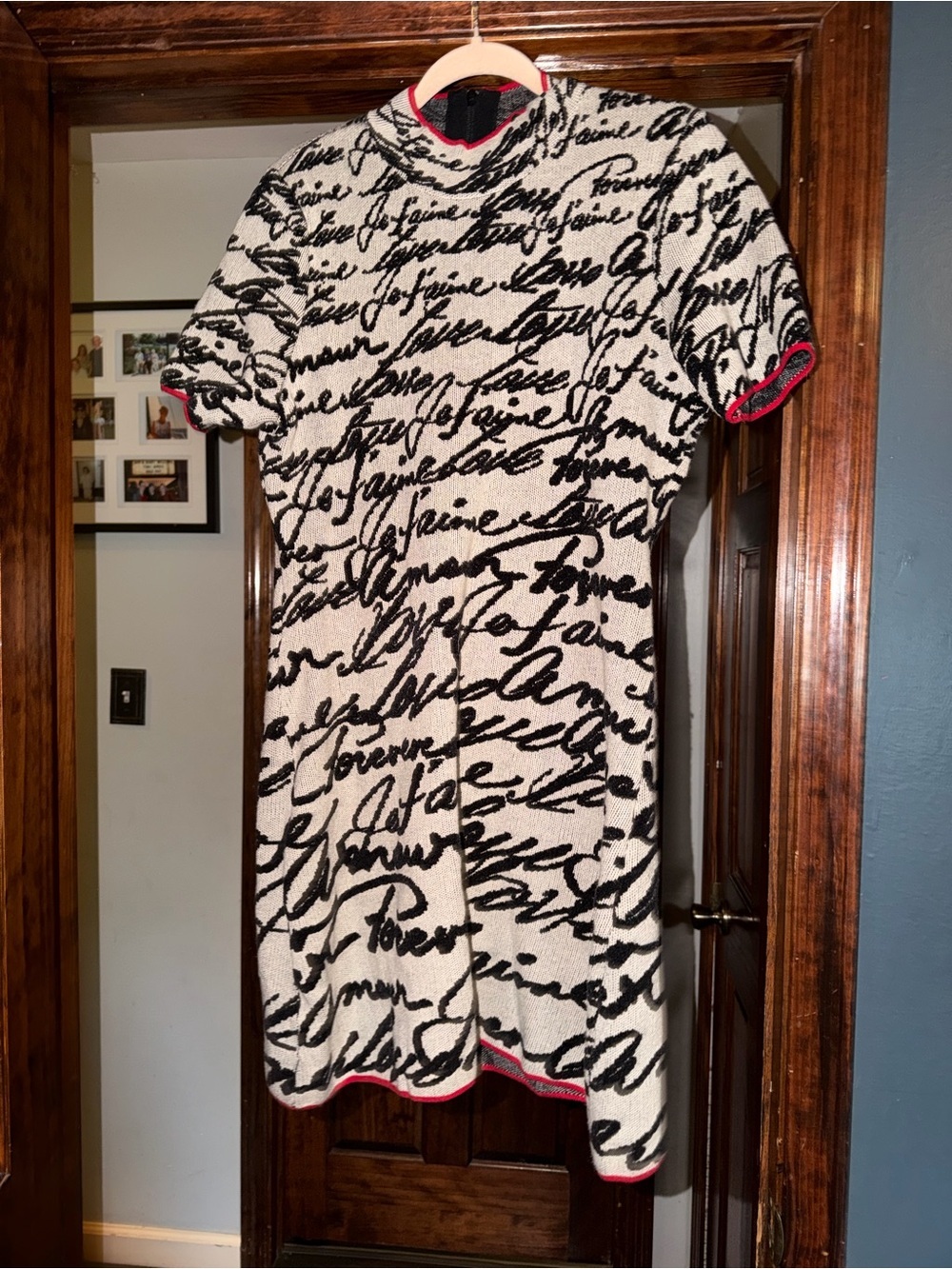 Anthropologie Black-and-White Script Knit Mini Dress with Pink Trim